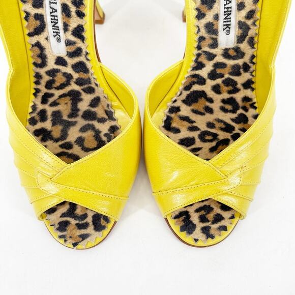 Manolo Blahnik Retro Yellow Risa Leather Peep Toe D'Orsay Heels size IT 37 - Picture 8 of 13